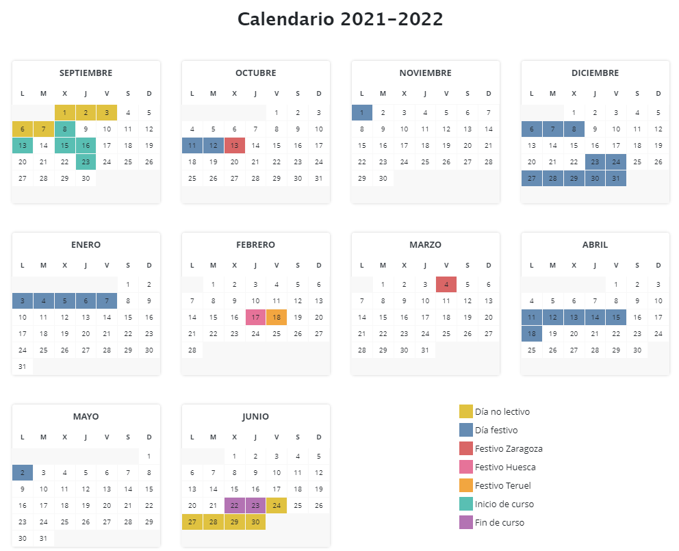 Calendario Escolar de Aragón 2021-22